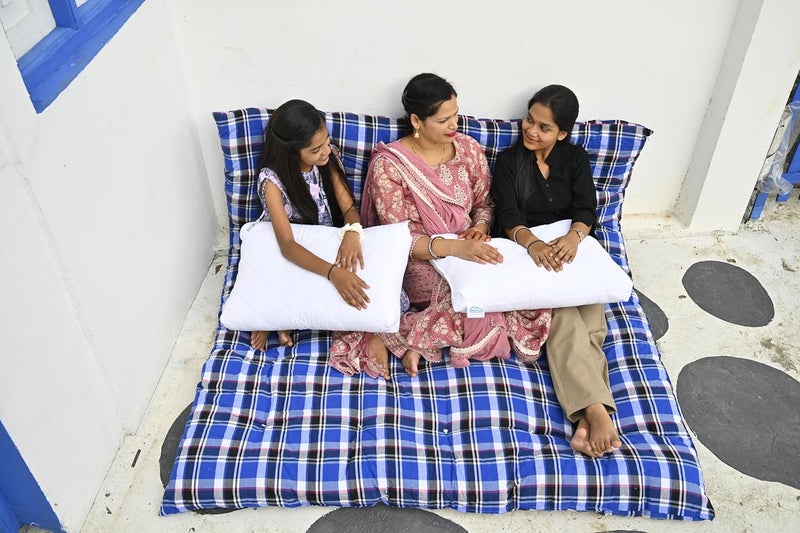 NEXTGO Cotton Mattress Tufted Soft Rui Gadda Foldable Gadi Tri Fold for Floor Bed Color Blue W hite Striped 5 x 6 Queen Bed - Image 5