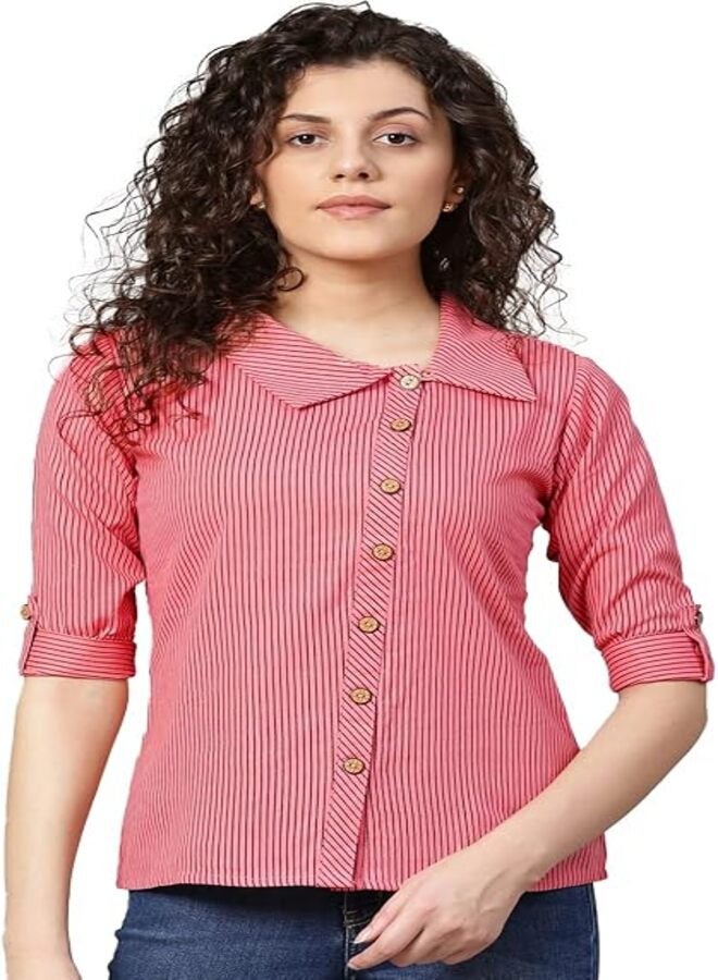 معرض ياش بلوزة ياش جاليري النسائية المستقيمة المطبوعة بخطوط من القطن (1012YKPINK_Pink_X-Large)  - Image 1