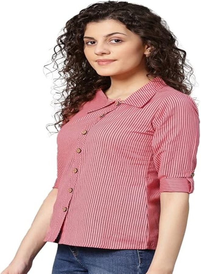 معرض ياش بلوزة ياش جاليري النسائية المستقيمة المطبوعة بخطوط من القطن (1012YKPINK_Pink_X-Large)  - Image 2
