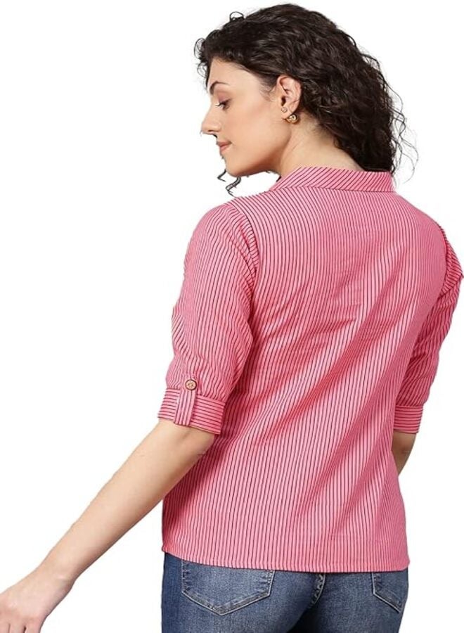 معرض ياش بلوزة ياش جاليري النسائية المستقيمة المطبوعة بخطوط من القطن (1012YKPINK_Pink_X-Large)  - Image 3