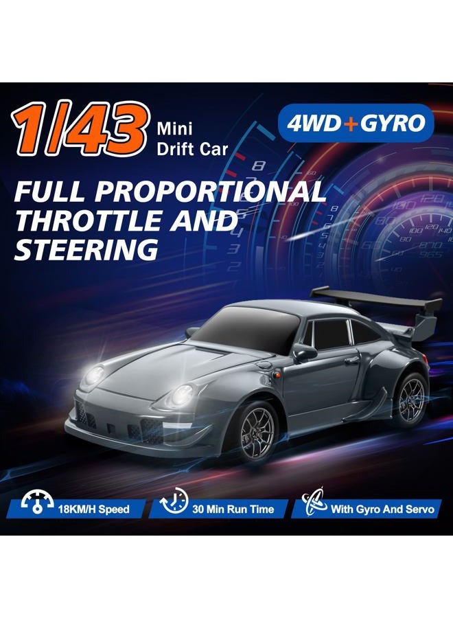 ACAMMZAR Mini RC Drift Car with Gyro, 1:43 4WD Full Proportional RC Cars, 18KM/H High Speed Remote Control Car with Lights, Extra Racing Tires, Vehicle for Adults Kids Boys, Gray - Image 2