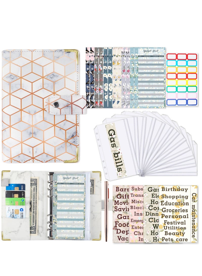 SYOSI Budget Binder, A6 Marble PU Leather Binder, Money Organizer Cash Envelopes Budget Planner with 12 Zipper Cash Envelopes, 12 Expense Budget Sheets for Budgeting, Saving Money - Image 1