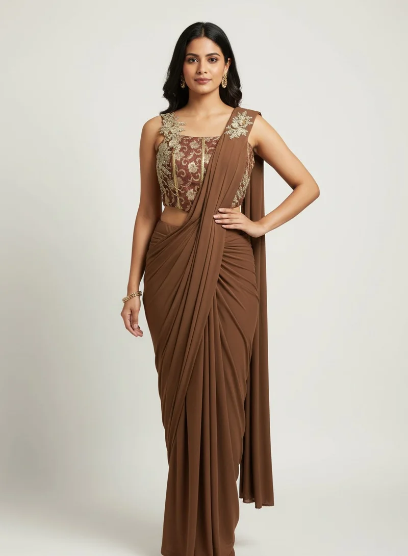 Lehar Brown Embroidered Corset Saree Set