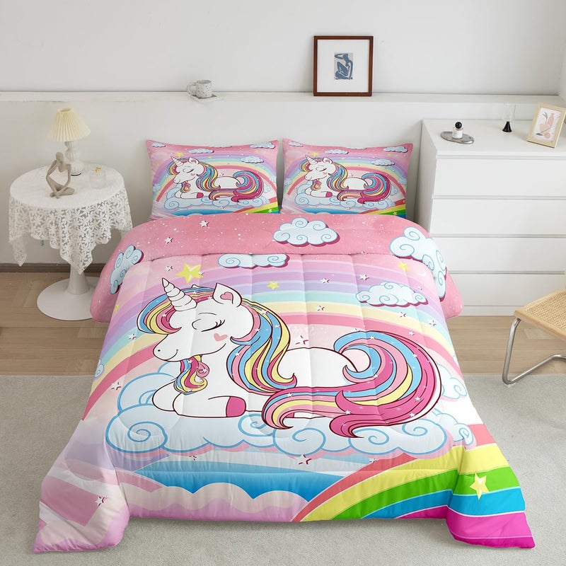 Feelyou Feelyou Rainbow Unicorn Comforter Set Cute Unicorn Pattern Comforter for Kids Girls Cartoon Unicorn Bedding Set 1 Comforter  1 Pillowcase