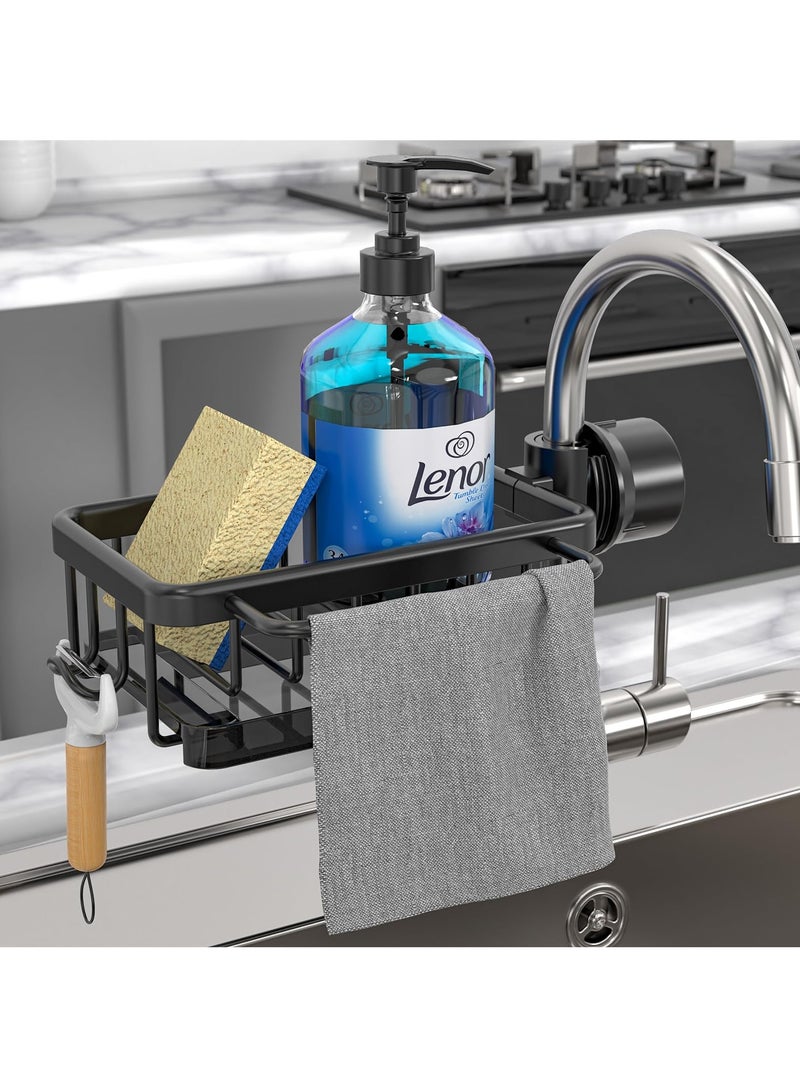 SYOSI Sponge Holder for Kitchen Faucet, Aluminum Alloy Adjustable Faucet Rack, Kitchen Faucet Caddy Organizer for Holding Sponge/Dish Soap/Rag, Detachable Faucet Rack with Drain Tray (Black) - Image 1