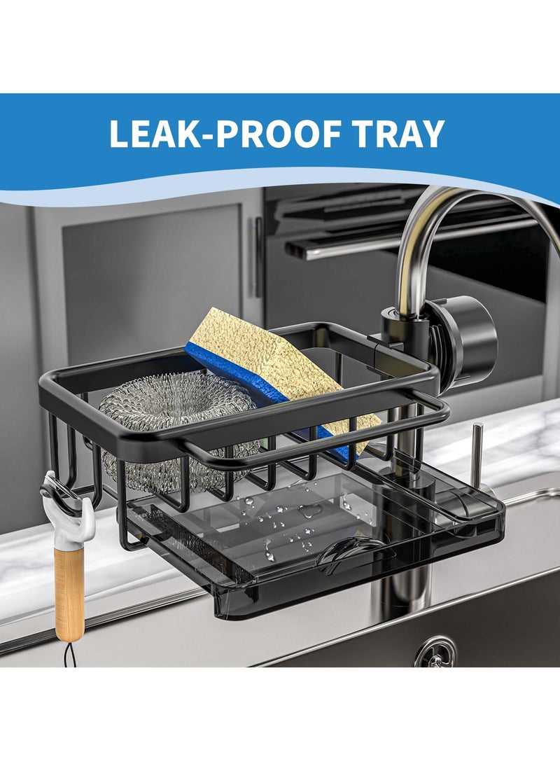 SYOSI Sponge Holder for Kitchen Faucet, Aluminum Alloy Adjustable Faucet Rack, Kitchen Faucet Caddy Organizer for Holding Sponge/Dish Soap/Rag, Detachable Faucet Rack with Drain Tray (Black) - Image 2