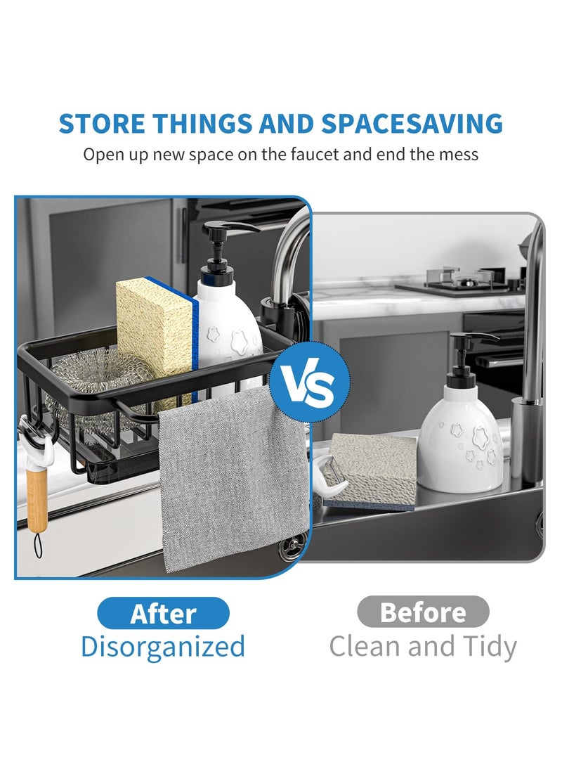 SYOSI Sponge Holder for Kitchen Faucet, Aluminum Alloy Adjustable Faucet Rack, Kitchen Faucet Caddy Organizer for Holding Sponge/Dish Soap/Rag, Detachable Faucet Rack with Drain Tray (Black) - Image 5