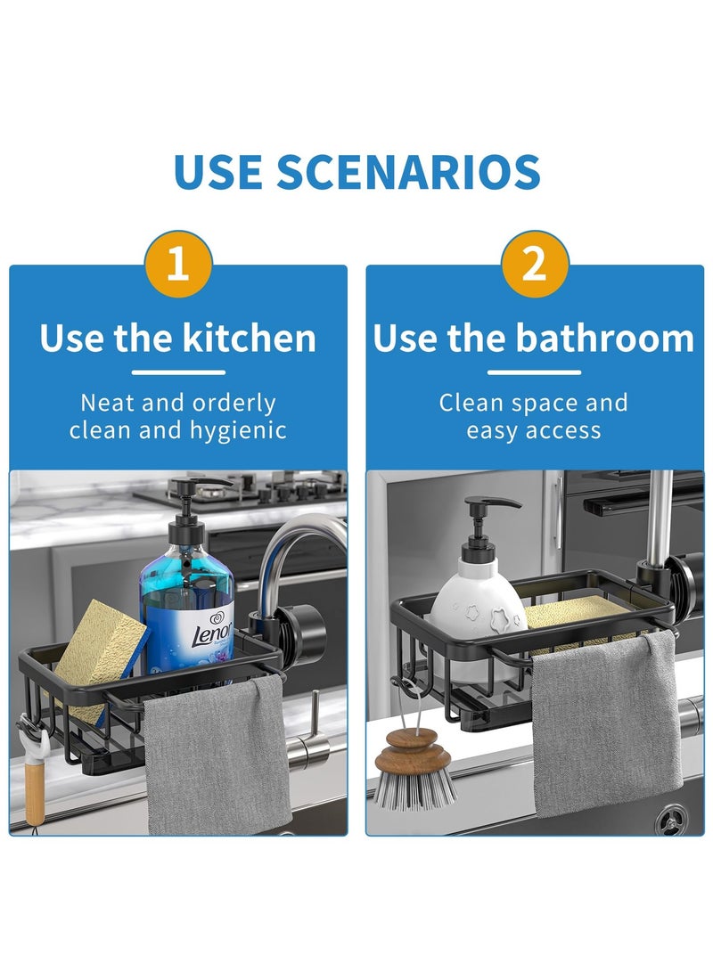 SYOSI Sponge Holder for Kitchen Faucet, Aluminum Alloy Adjustable Faucet Rack, Kitchen Faucet Caddy Organizer for Holding Sponge/Dish Soap/Rag, Detachable Faucet Rack with Drain Tray (Black) - Image 4