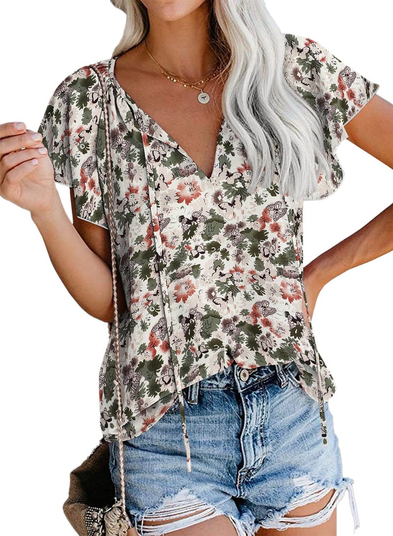 SimpleFun V Neck Tops for Women Going Out Butterfly Print Lightweight Airy Chiffon Summer Blouse Tops (Floral21,S) - Image 1