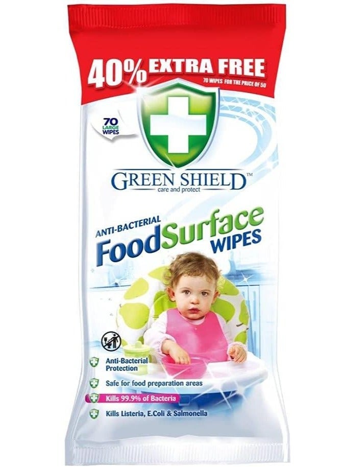 مناديل جرين شيلد المضادة للبكتيريا لتنظيف أسطح الطعام 70 منديل كبير | تقضي على 99.9٪ من الجراثيم | آمنة للمطبخ ومناطق طعام الأطفال | مناديل تنظيف وتعقيم متعددة الاستخدامات عرض 40٪ إضافي - Image 1