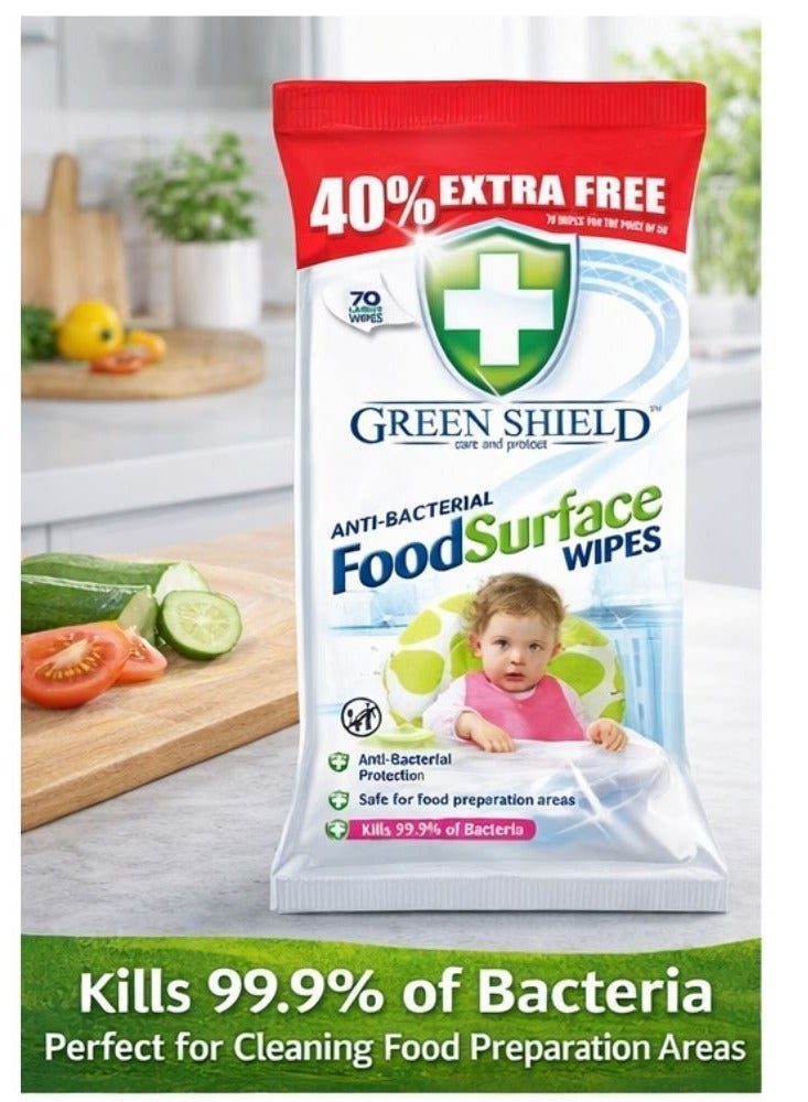 مناديل جرين شيلد المضادة للبكتيريا لتنظيف أسطح الطعام 70 منديل كبير | تقضي على 99.9٪ من الجراثيم | آمنة للمطبخ ومناطق طعام الأطفال | مناديل تنظيف وتعقيم متعددة الاستخدامات عرض 40٪ إضافي - Image 3