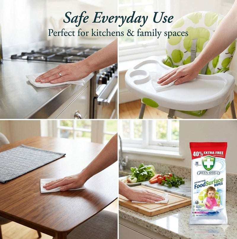 Greenshield Green Shield Anti-Bacterial Food Surface Wipes 70 Large Wipes (40% Extra Free) – Kills 99.9% Germs, Food Safe Cleaning Wipes for Kitchen, Baby Chair, Dining Tables & Multi Surface Disinfection - Image 3