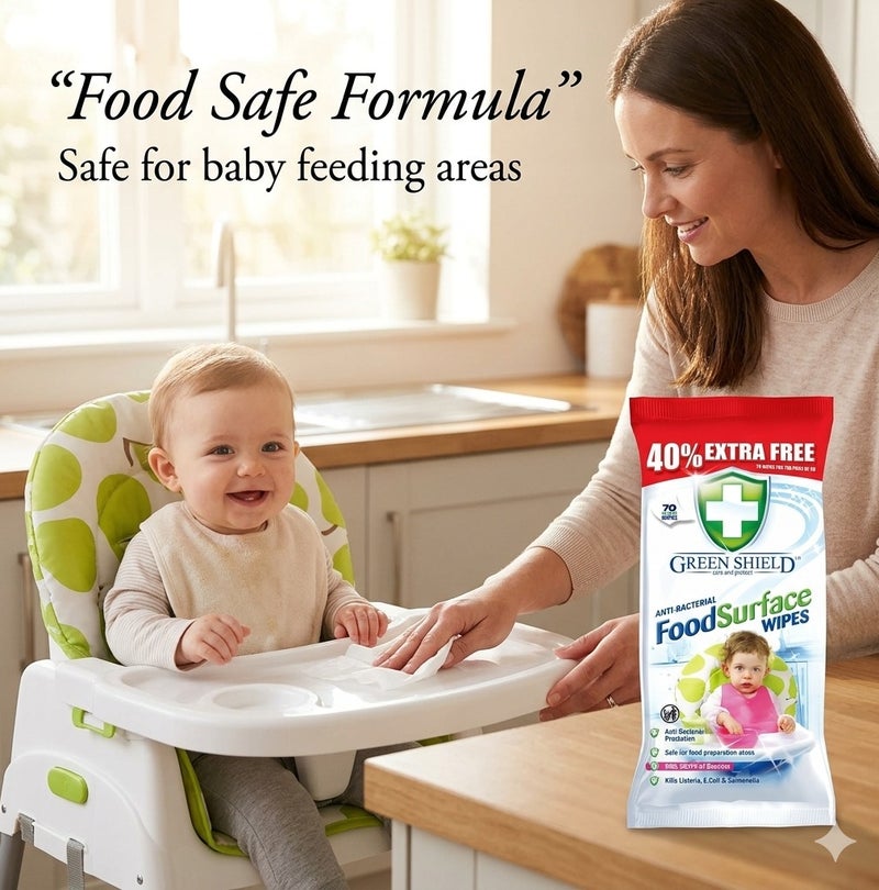 Greenshield Green Shield Anti-Bacterial Food Surface Wipes 70 Large Wipes (40% Extra Free) – Kills 99.9% Germs, Food Safe Cleaning Wipes for Kitchen, Baby Chair, Dining Tables & Multi Surface Disinfection - Image 4