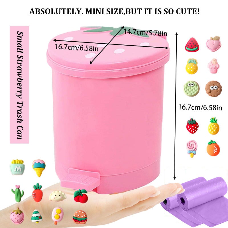 BxuxJar Strawberry Trash Can, 1 Gallon Desk Plastic Cute Trash Can Kawaii Small Srawberry Garbage Can for Bedroom with 2 Rolls Garbage Bag and 20 PCS 3D Cartoon Stickers(Random Style) - Image 2