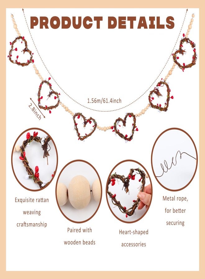 Marsui Valentines Day Decorations Valentine's Day Wood Bead Garland Wicker Heart Banner 5.12 ft Farmhouse Wooden Rustic Beaded Garland Neutral Hanging Decor for Fireplace Mantel Party Shelf Wall Decor - Image 3