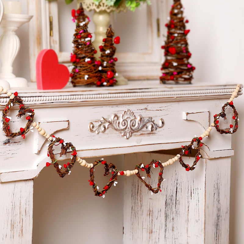 Marsui Valentines Day Decorations Valentine's Day Wood Bead Garland Wicker Heart Banner 5.12 ft Farmhouse Wooden Rustic Beaded Garland Neutral Hanging Decor for Fireplace Mantel Party Shelf Wall Decor - Image 1