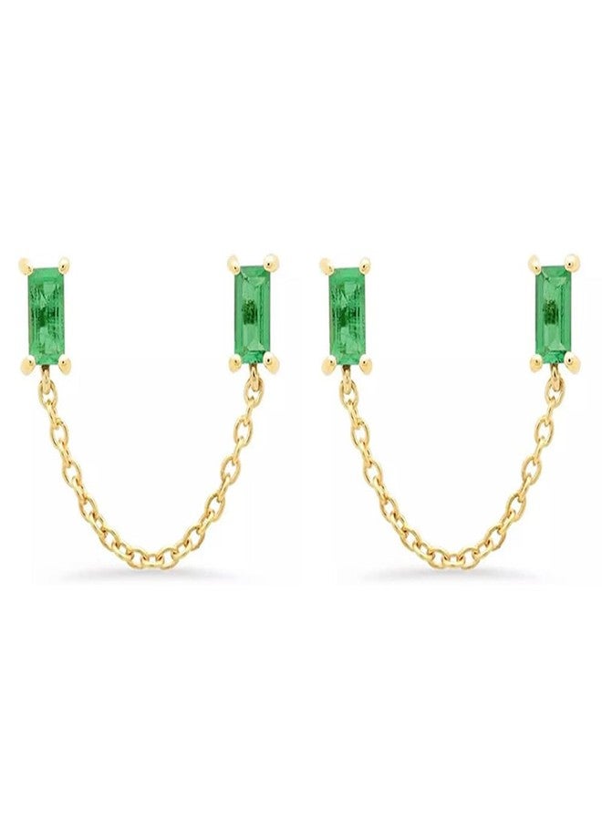 OIDIMS CZ Stud With Chain Double Piercing Earrings for Women Cartilage Two Holes Cuff Wrap Fashion Cubic Zirconia Wedding Minimalist Climber Crawler Threader Dangle Drop Hypoallergenic Gifts Xmas Anniversary (Green) - Image 1
