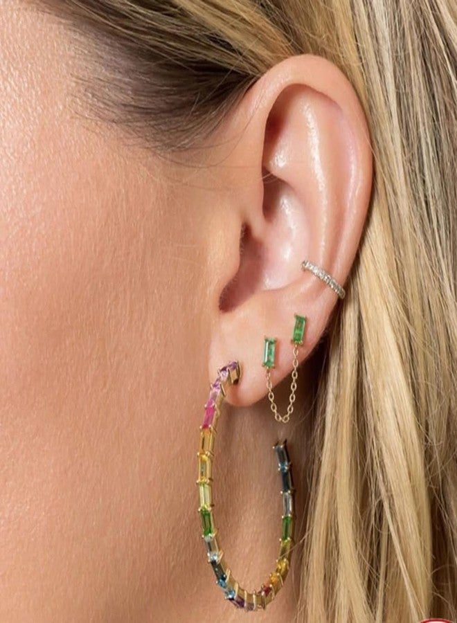 OIDIMS CZ Stud With Chain Double Piercing Earrings for Women Cartilage Two Holes Cuff Wrap Fashion Cubic Zirconia Wedding Minimalist Climber Crawler Threader Dangle Drop Hypoallergenic Gifts Xmas Anniversary (Green) - Image 2