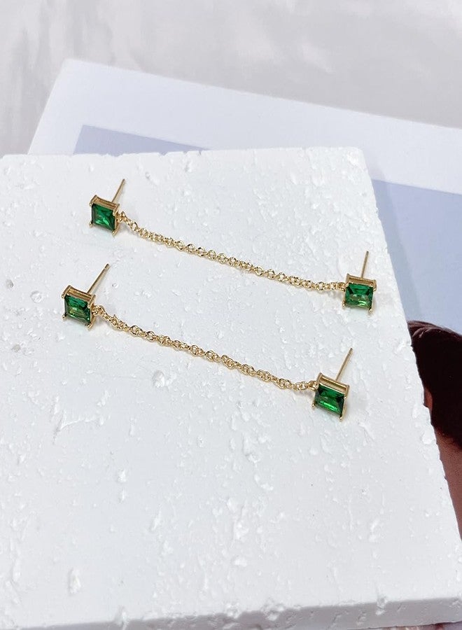 OIDIMS CZ Stud With Chain Double Piercing Earrings for Women Cartilage Two Holes Cuff Wrap Fashion Cubic Zirconia Wedding Minimalist Climber Crawler Threader Dangle Drop Hypoallergenic Gifts Xmas Anniversary (Green) - Image 3