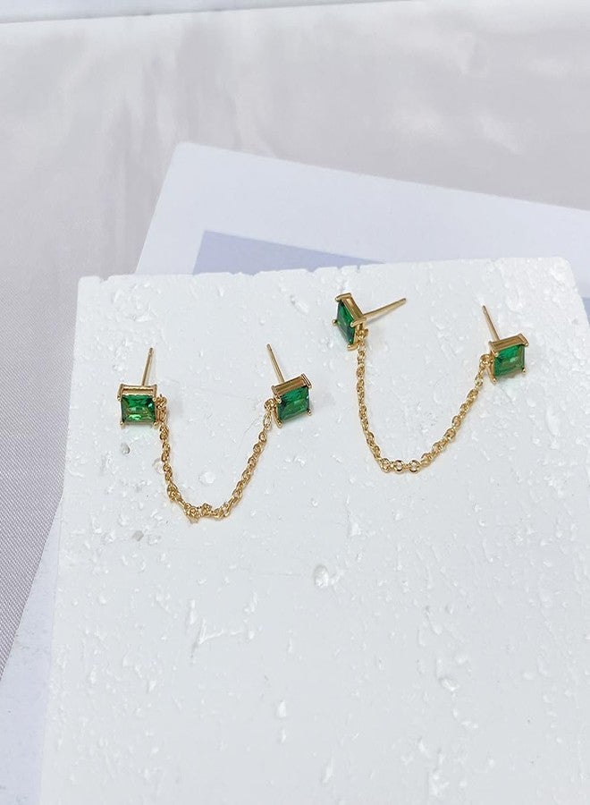 OIDIMS CZ Stud With Chain Double Piercing Earrings for Women Cartilage Two Holes Cuff Wrap Fashion Cubic Zirconia Wedding Minimalist Climber Crawler Threader Dangle Drop Hypoallergenic Gifts Xmas Anniversary (Green) - Image 4