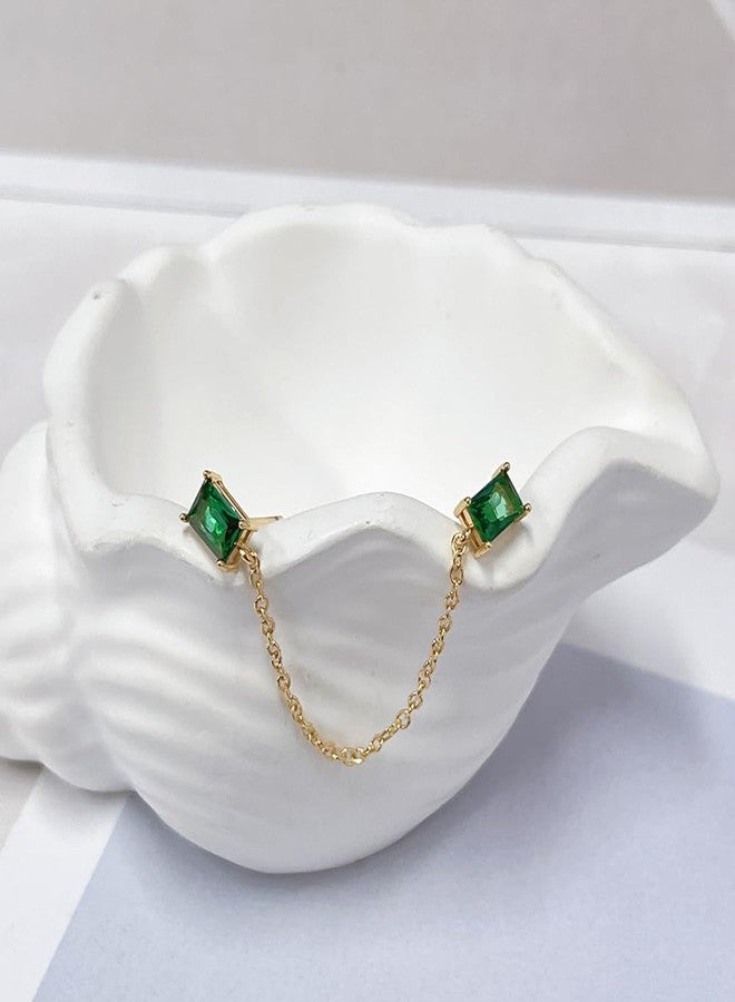 OIDIMS CZ Stud With Chain Double Piercing Earrings for Women Cartilage Two Holes Cuff Wrap Fashion Cubic Zirconia Wedding Minimalist Climber Crawler Threader Dangle Drop Hypoallergenic Gifts Xmas Anniversary (Green) - Image 5