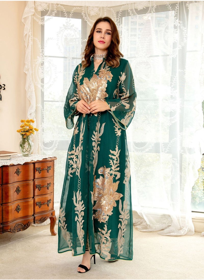 Best Gift Fashion - Best Gift Embroidered Abaya Dress For Women Moroccan Kaftan Turkey Arabic Jalabiya White Islamic Ethnic Robe Eid Ramadan Green Color - Image 1