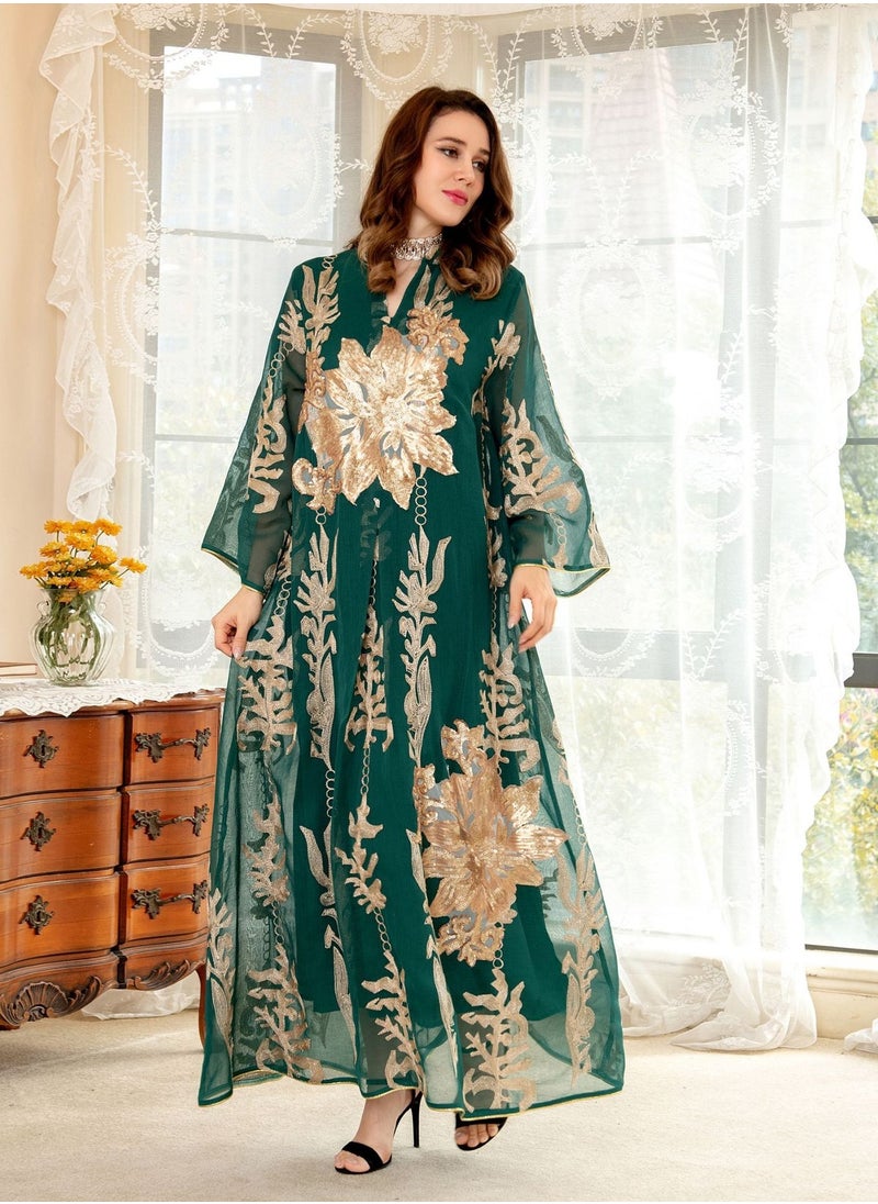 Best Gift Fashion - Best Gift Embroidered Abaya Dress For Women Moroccan Kaftan Turkey Arabic Jalabiya White Islamic Ethnic Robe Eid Ramadan Green Color - Image 1