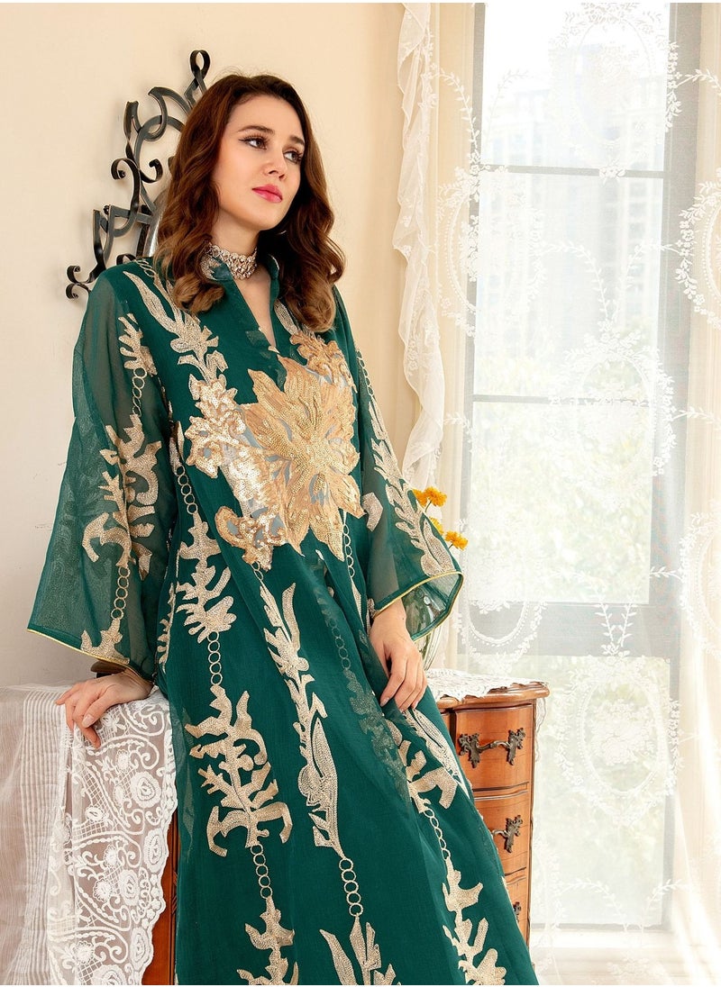 Best Gift Fashion - Best Gift Embroidered Abaya Dress For Women Moroccan Kaftan Turkey Arabic Jalabiya White Islamic Ethnic Robe Eid Ramadan Green Color - Image 1