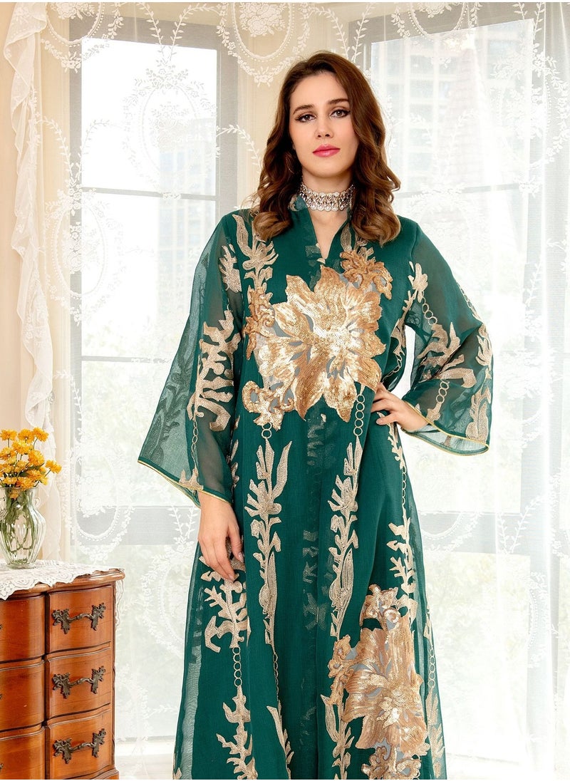Best Gift Fashion - Best Gift Embroidered Abaya Dress For Women Moroccan Kaftan Turkey Arabic Jalabiya White Islamic Ethnic Robe Eid Ramadan Green Color - Image 1