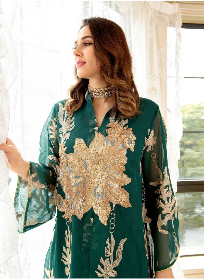 Best Gift Fashion - Best Gift Embroidered Abaya Dress For Women Moroccan Kaftan Turkey Arabic Jalabiya White Islamic Ethnic Robe Eid Ramadan Green Color - Image 1
