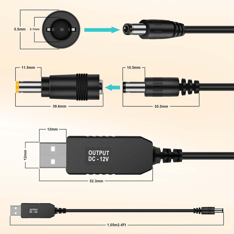 محول رفع الجهد iGreely من USB - من 5 فولت تيار مستمر إلى 12 فولت تيار مستمر، كابل بطول 3 أقدام مع مقبس تيار مستمر 5.5 × 2.5 ملم أو 5.5 × 2.1 ملم - Image 3
