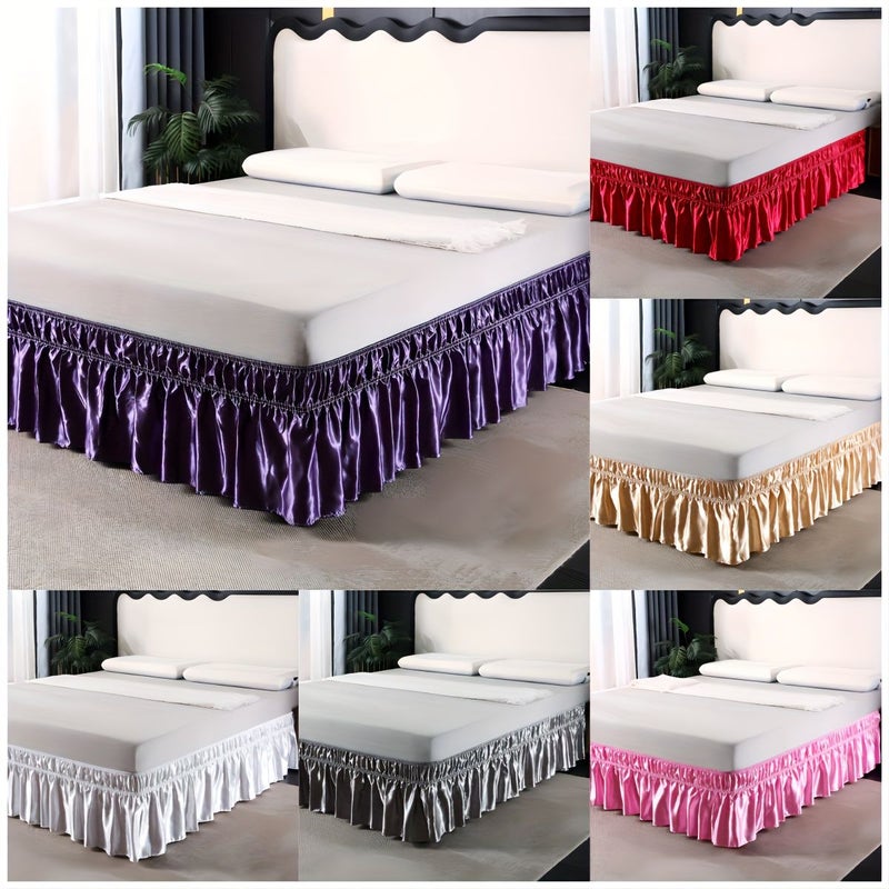 Pink 1 PC Adjustable Wrap Around Satin Pleated Bed Skirt Easy Fit Elastic Machine Washable Fade Resistant 78 X 80 X 15 Inch Chic Bedroom Decor - Image 1