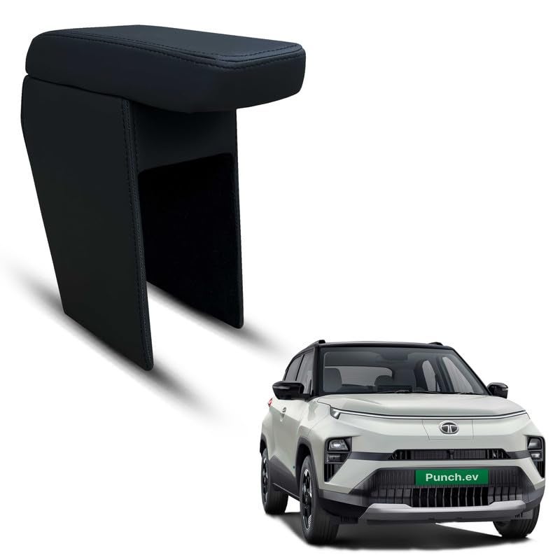Carigiri Premium Finish Car Armrest with Storage Box And High Density Moulded Foam For Tata Punch Ev (Models-2024, 2025) (Black Seam,Nappa Leatherette) - Image 1