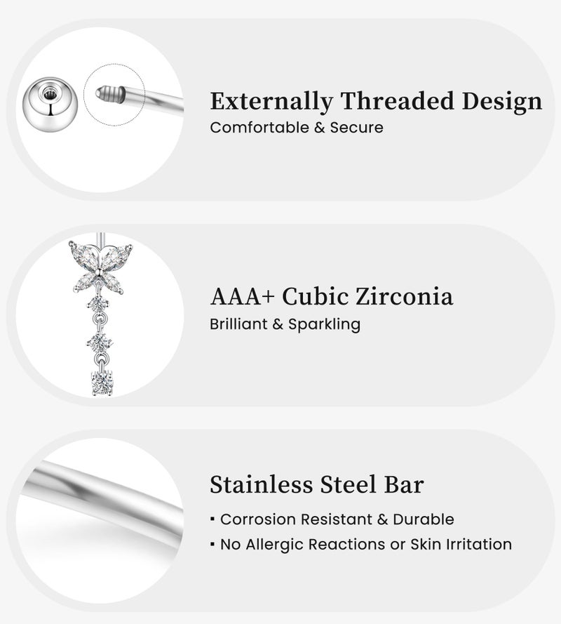 BSJ4U Belly Button Ring - Dangle Navel Piercing Jewelry with Cute Clear CZ Heart, Butterfly, Bow, Flower Designs - 14G Silver Stainless Steel Dainty Dangly Belly Ring - Image 3