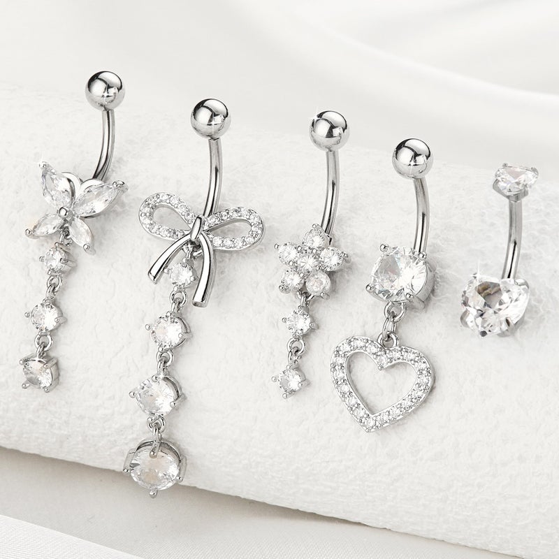 BSJ4U Belly Button Ring - Dangle Navel Piercing Jewelry with Cute Clear CZ Heart, Butterfly, Bow, Flower Designs - 14G Silver Stainless Steel Dainty Dangly Belly Ring - Image 2