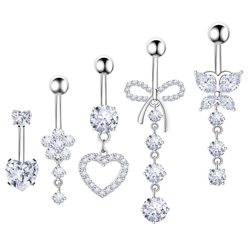 BSJ4U Belly Button Ring - Dangle Navel Piercing Jewelry with Cute Clear CZ Heart, Butterfly, Bow, Flower Designs - 14G Silver Stainless Steel Dainty Dangly Belly Ring - Image 1