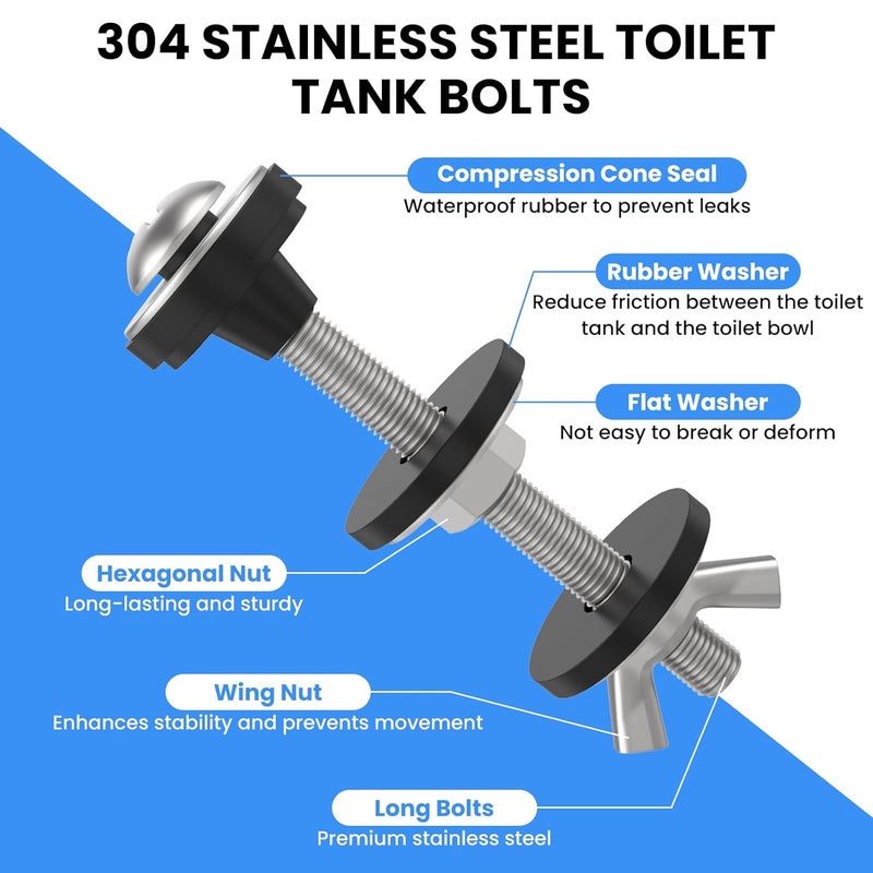MILYARD 4 PCS Universal Toilet Tank to Bowl Bolt Kit, Heavy Duty Toilet Bolts Replacement Stainless Steel Waterproof and Rustproof with Rubber Washers Gaskets and Extra Long Nuts for Fastening - Image 4