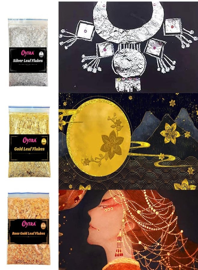 Oytra Gilding Flakes Silver and Gold Metallic Foil Leaf Paper Flakes Set of 3 Color Packets DIY Art Craft Materials for Resin Nail Art Cake Decoration Painting Soap Making Supplies for Beginners Artists - Image 2