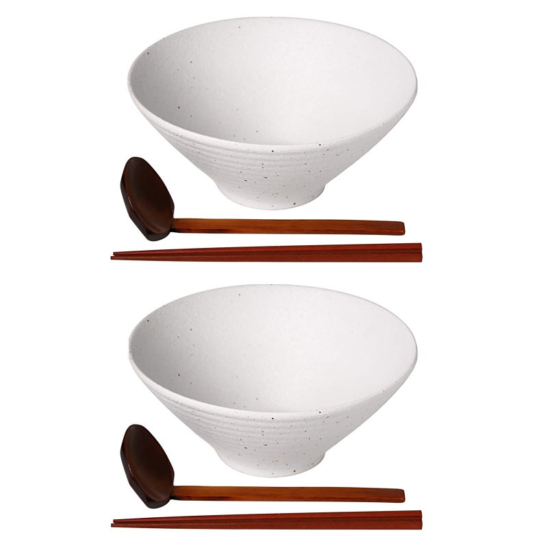 Kanwone Ceramic Japanese Ramen Bowl Set Noodle Soup Bowls  60 Ounce with Matching Spoons and Chopsticks for Udon Soba Pho Asian Noodles Set of 2 White