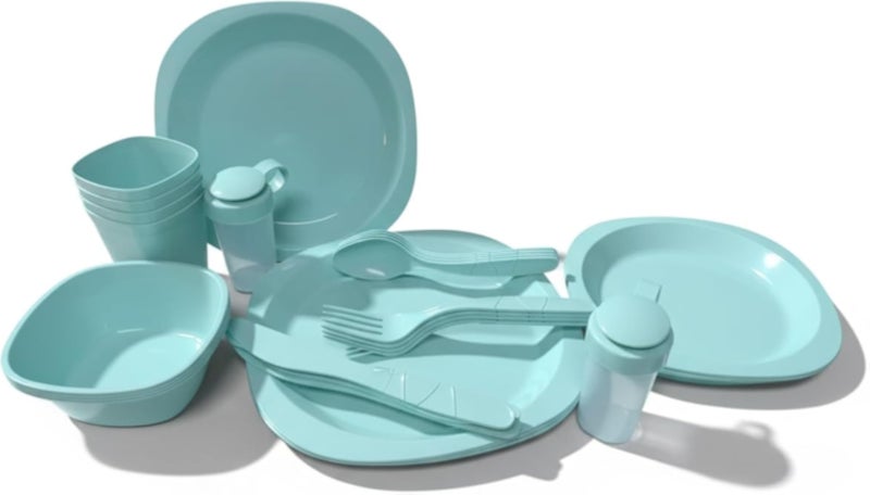 Picnic Set 35 Pieces â€“ Dinnerware With Spoons Forks Knives Bowls Cups In Portable Storage Box, Compact Dining Organizer For Picnic Travel Camping, Easy To Clean BPA-Free (Light Green)