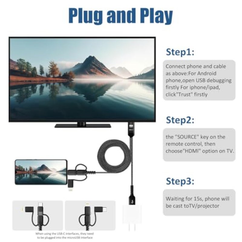 محول 3 في 1 USB-C إلى HDMI لأجهزة iPhone وAndroid، 1080P Full HD Mirroring مع Lightning وMicro USB Charging، محول AV رقمي محمول للتلفزيون والشاشة وتوصيل جهاز العرض وتشغيله - Image 3