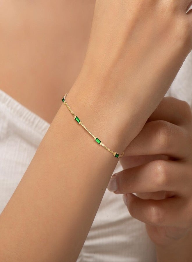 BriLove Dainty Gorgeous 925 Sterling Silver Birthstone Bracelets for Women,Six Emerald Cut Tennis Bracelets for Birthday Prom Gifts Jewelry Emerald Color Gold-Toned - Image 2