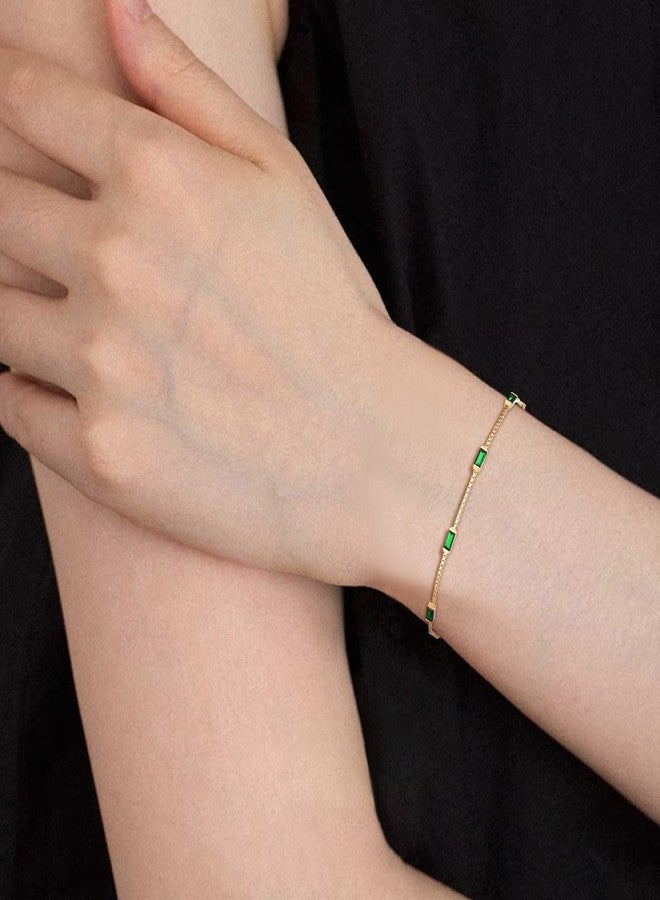 BriLove Dainty Gorgeous 925 Sterling Silver Birthstone Bracelets for Women,Six Emerald Cut Tennis Bracelets for Birthday Prom Gifts Jewelry Emerald Color Gold-Toned - Image 4