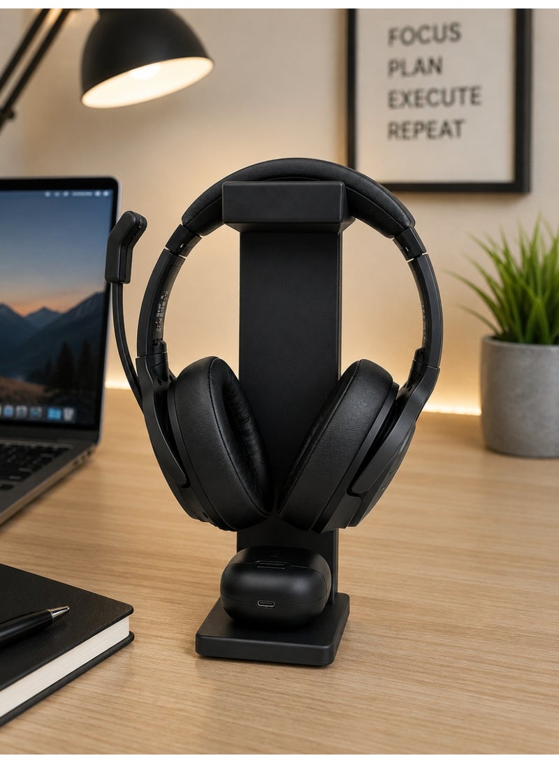 Black Multifunctional Headphone Stand with Accessory Holder and Storage Base - Image 3