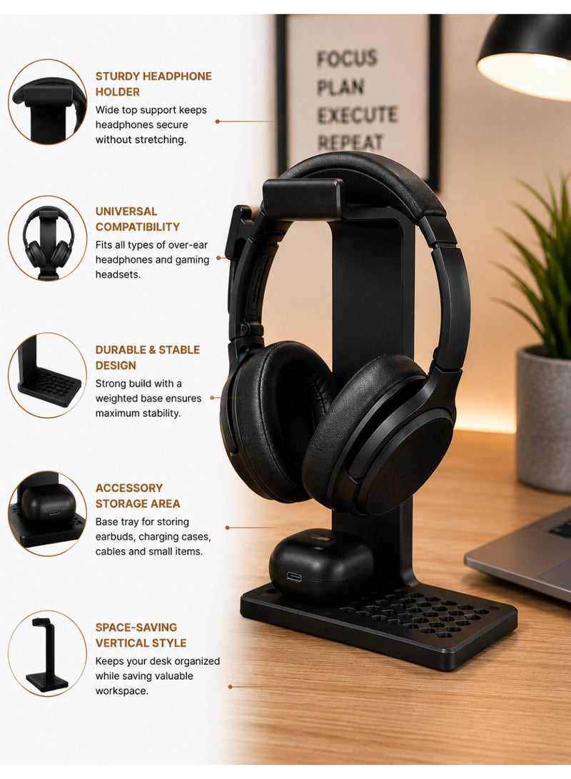 Black Multifunctional Headphone Stand with Accessory Holder and Storage Base - Image 5