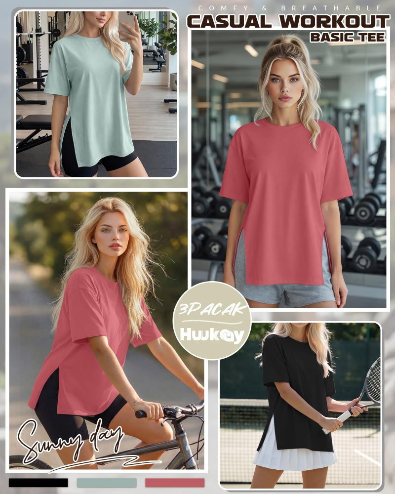 Huukeay 3 Pack Women's Oversized Gym T Shirts Short Sleeve Side Split Crewneck Tops Casual Summer Workout Baggy Basic Tee(Black, Grey Green, Brick Red,XX-Large) - Image 2