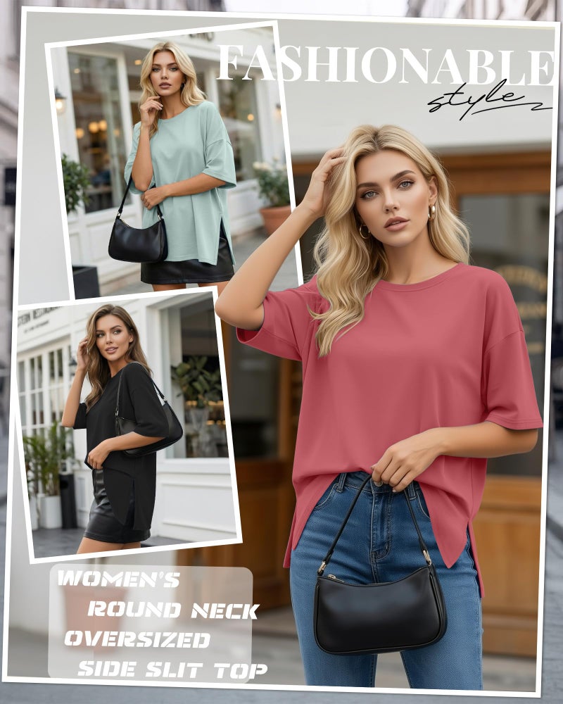 Huukeay 3 Pack Women's Oversized Gym T Shirts Short Sleeve Side Split Crewneck Tops Casual Summer Workout Baggy Basic Tee(Black, Grey Green, Brick Red,XX-Large) - Image 5