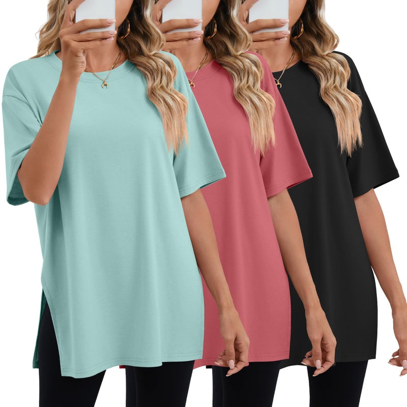 Huukeay 3 Pack Women's Oversized Gym T Shirts Short Sleeve Side Split Crewneck Tops Casual Summer Workout Baggy Basic Tee(Black, Grey Green, Brick Red,XX-Large) - Image 1