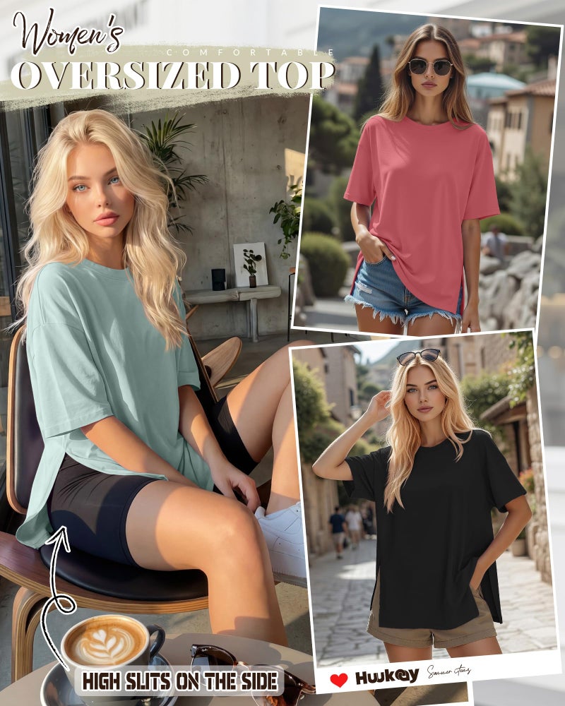 Huukeay 3 Pack Women's Oversized Gym T Shirts Short Sleeve Side Split Crewneck Tops Casual Summer Workout Baggy Basic Tee(Black, Grey Green, Brick Red,XX-Large) - Image 3