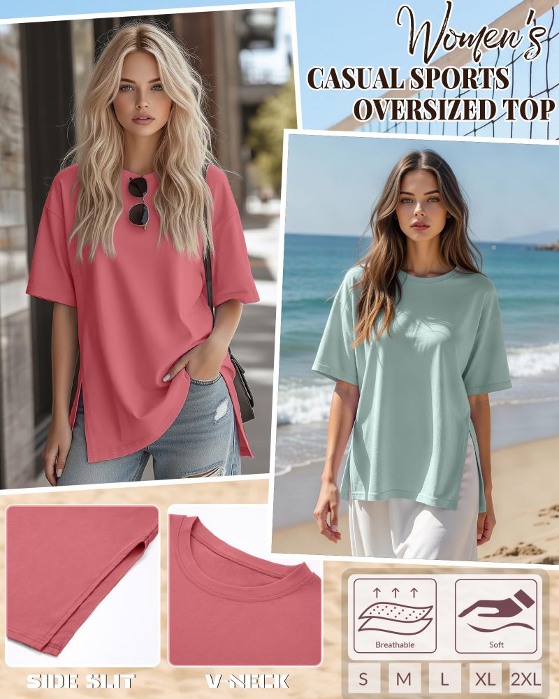 Huukeay 3 Pack Women's Oversized Gym T Shirts Short Sleeve Side Split Crewneck Tops Casual Summer Workout Baggy Basic Tee(Black, Grey Green, Brick Red,XX-Large) - Image 4